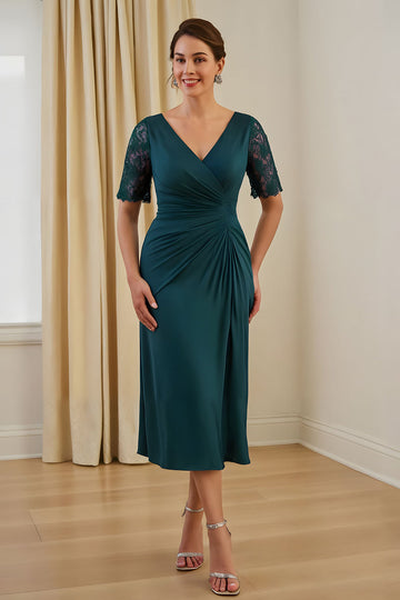 Pine Sheath V Neck Ruched Midi Wedding Guest Dress with Lace